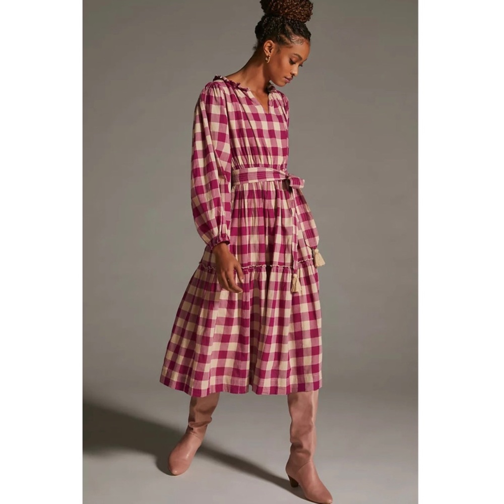 Anthropologie Mille V-Neck Plaid Dress 
SMALL Raspberry